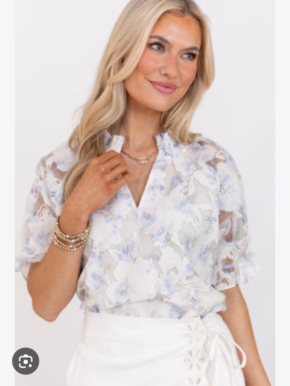 Shop The Mint "Love Always" Floral V-Neck Puff Sleeve Blouse - White &Blue. XL